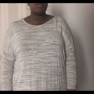 white and grey/blue top